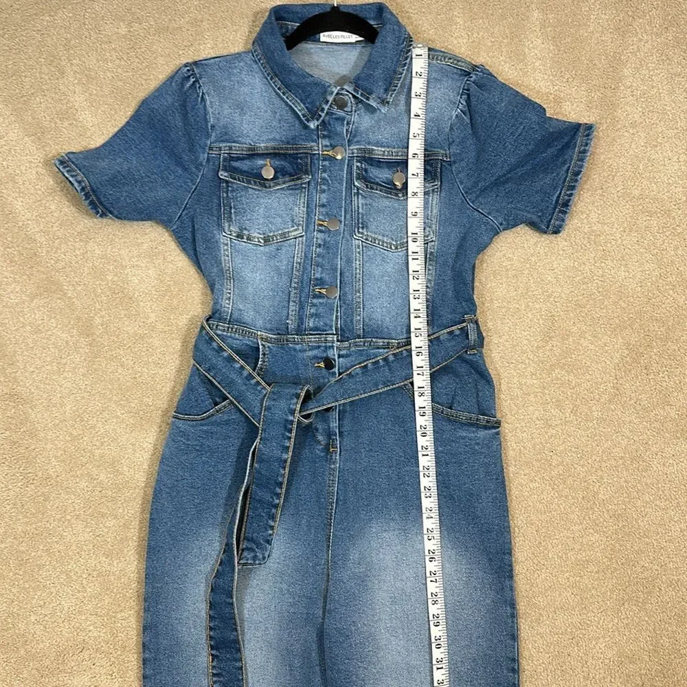 Avec Les Filles Denim Jumpsuit Shortsleeve Blue Cowgirl Cowboy Women Size 30 - Picture 5 of 11